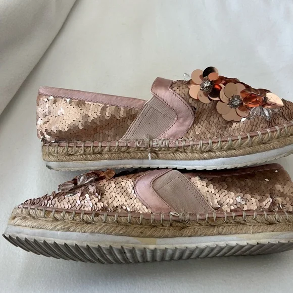 Dune London Pink and Gold Espadrille Flats with Sequined Floral Design - Picture 4 of 8